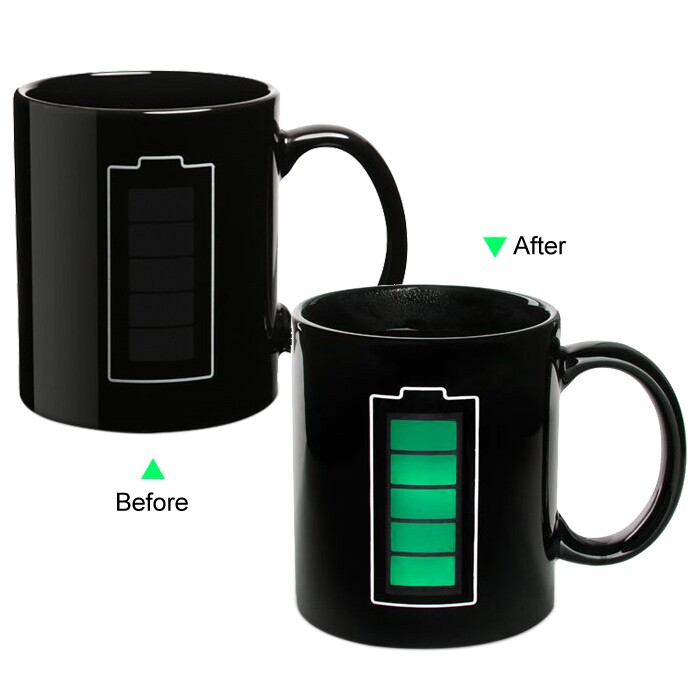 C8095B-084BT Color Change Heat Sensitive Funny Mug 11oz Ceramic Black Coffee Mug Novelty Battery Design Mug