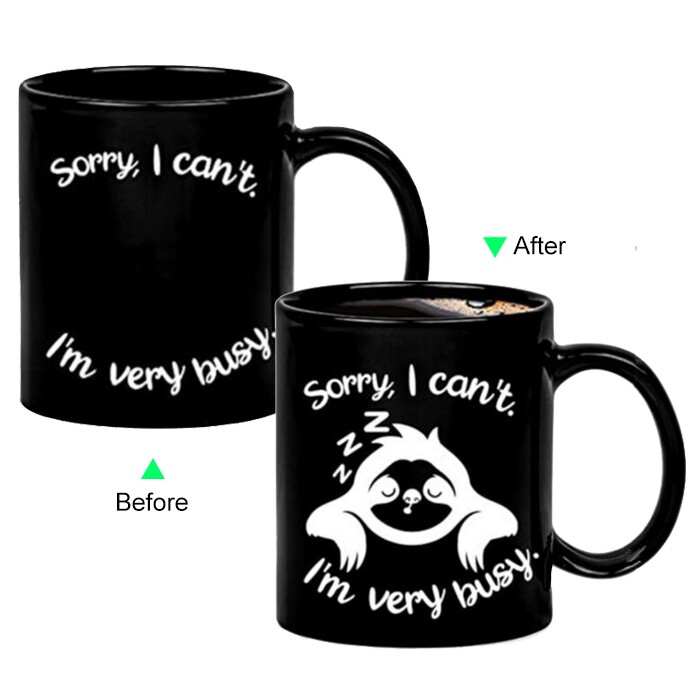C8095B-BUSY Color Change Heat Sensitive Funny Mug 11oz Ceramic Black Coffee Mug Novelty Busy Drowsy Design Mug
