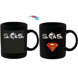 C8095B-092OS Color Change Heat Sensitive Funny Mug 11oz Ceramic Black Coffee Mug Novelty Superman Logo and SOS Design Mug