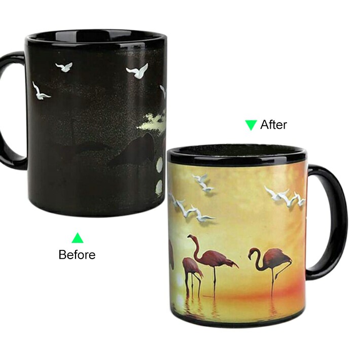 C8095B-089FG Hot Changing Ceramic Mug 11oz Heated Black Coffee Mug of Novelty FLAMINGO Design Mug Gift Idea Hero