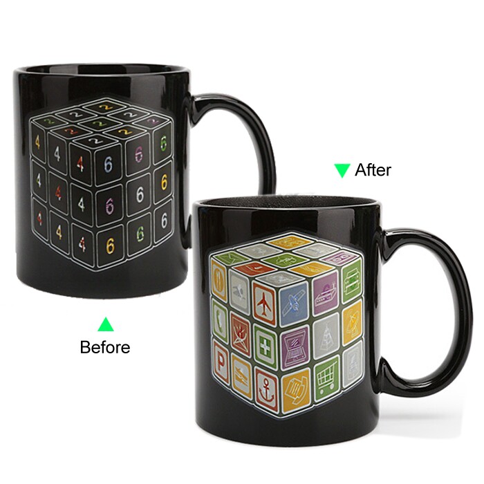 C8095B-100CB Color Change Heat Sensitive Funny Mug 11oz Ceramic Black Coffee Mug Novelty Cube Design Mug