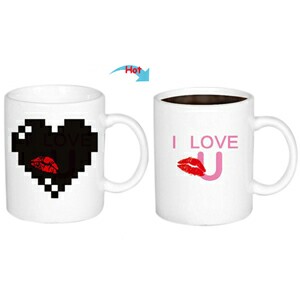 C8095W- KISS U Hot Changing Ceramic Mug 11oz Heated White Coffee Mug of Novelty Red KISS U Design Mug Gift Idea
