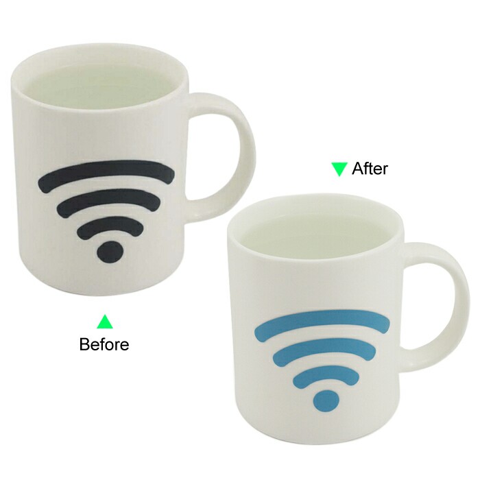 C8095W-WIFI Color Change Heat Sensitive Funny Mug 11oz Ceramic White Coffee Mug Novelty Blue WIFI Design Mug