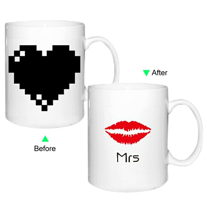 C8095W-MRS Hot Changing Ceramic Mug 11oz Heated White Coffee Mug of Novelty MRS and Kiss Design Mug Valentines Day Gift Idea