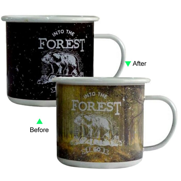 C8590EM-081 Hot Changing Enamel Mug 11oz Heated White Coffee Mug of Novelty Forest in Autumn Design Mug Gift Idea The Fall of the Leaf