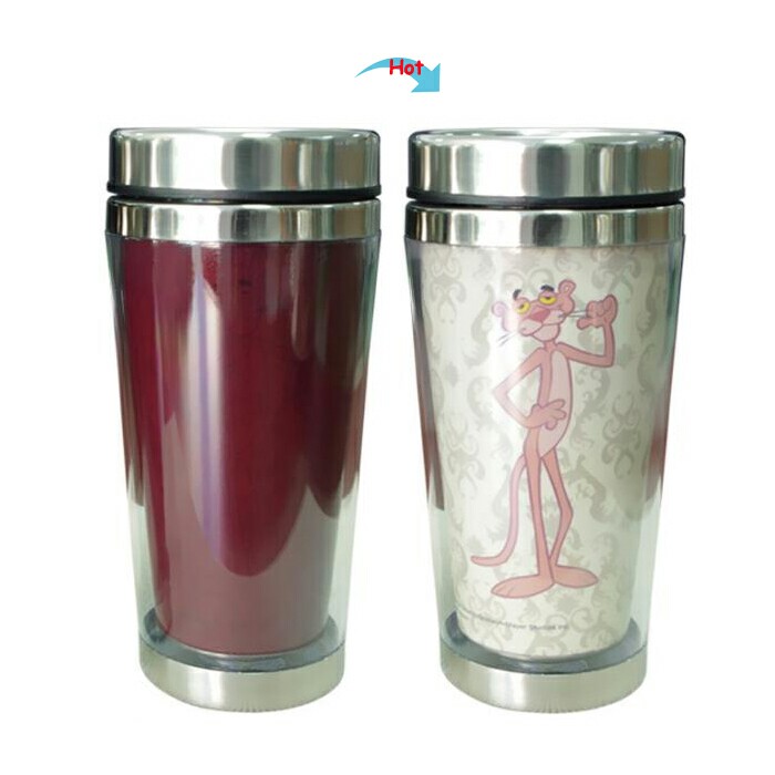 C83179SS-082 Hot Changing Stainless Steel Cup 15oz Heated Watertight Cup of Novelty Pink Panther Design Mug Gift Idea