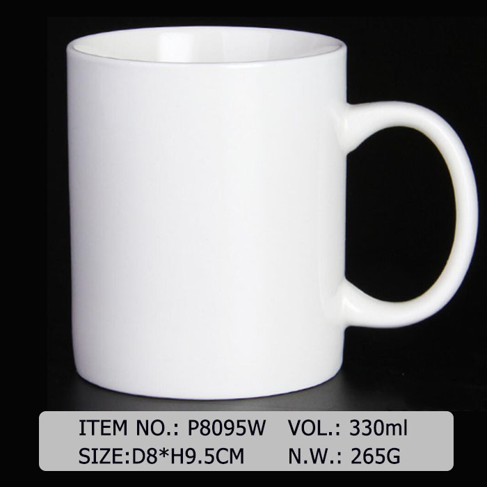 P8095W White Ceramic Mug Plain Customized Mug Shape And Size White Body Sample Promotional Design Color Change Magnesia Porcelain Material 12OZ