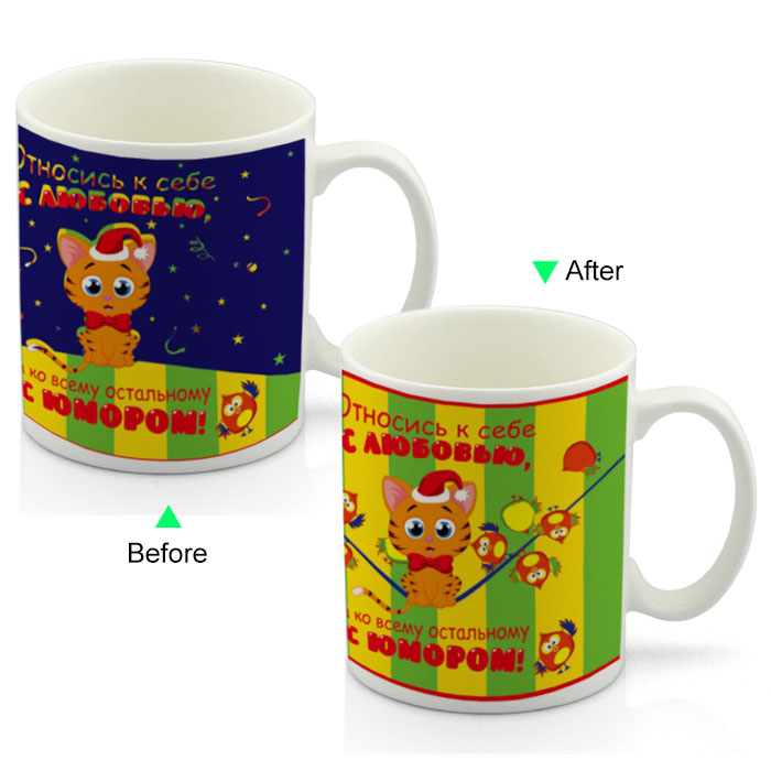 CC8095W-WHAT Color Change Heat Sensitive Funny Mug 11oz Ceramic White Coffee Mug Novelty Blue Cat Design Mug