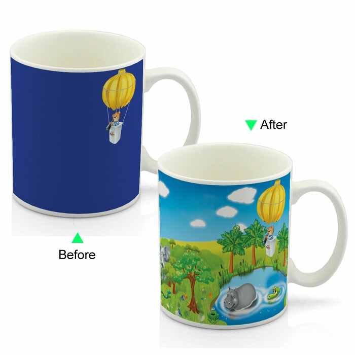 CC8095W-005BP Color Change Heat Sensitive Funny Mug 11oz Ceramic White Traveling Mug Novelty Bear and Hot Air Balloon Design Mug