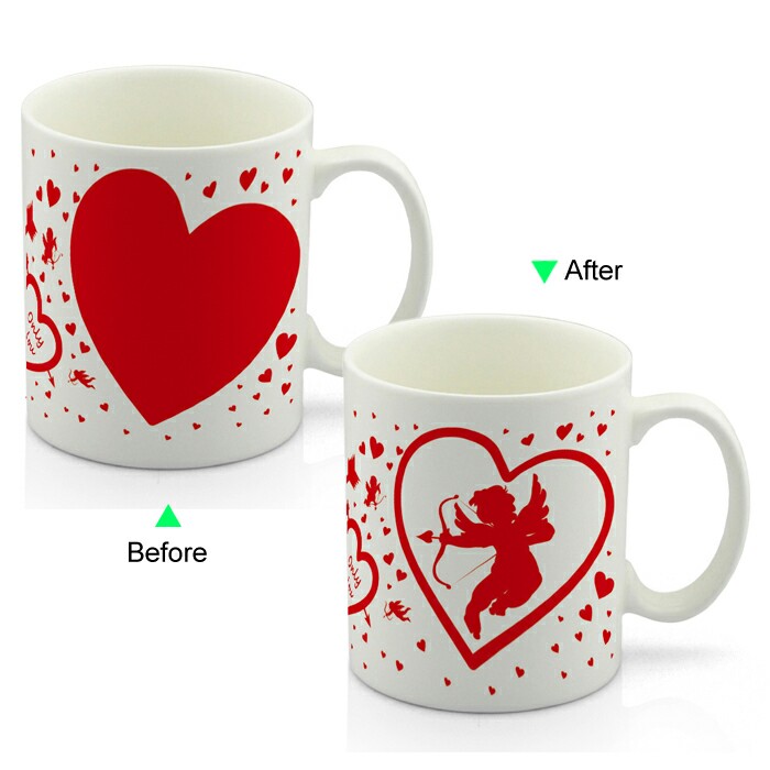 CC8095W-024LV Color Change Heat Sensitive Funny Mug 11oz Ceramic White Coffee Mug Novelty Cupid’s Sword Design Mug