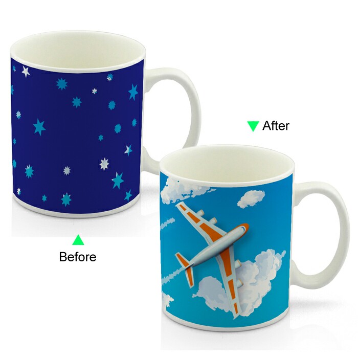 CC8095W-033PS Color Change Heat Sensitive Funny Mug 11oz Ceramic White Coffee Mug Novelty Plane Design Mug